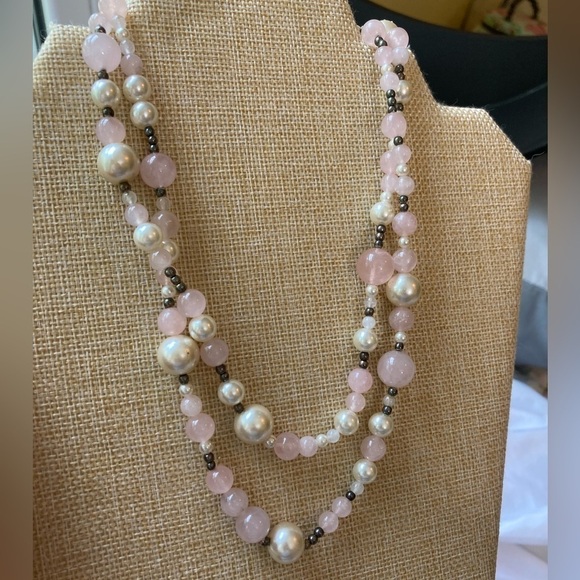 Vintage Faux Pearls & Rose Quarts 34” Long Necklace - Picture 2 of 5
